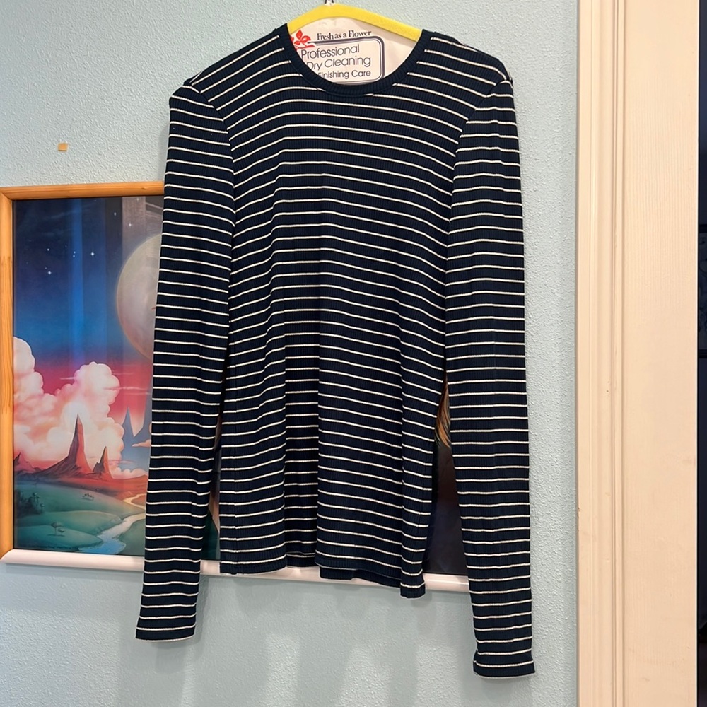 Navy blue and white stripes long sleeve top. ATM brand.. Size medium.